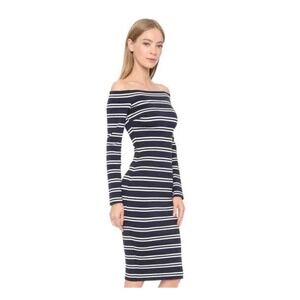 BEC BRIDGE Ahoy Navy White Stripe Off Shoulder Long Sleeve Midi Dress US 6